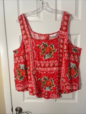 Lauren Conrad linen blend floral sleeveless top roses button back country 2X
